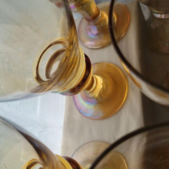 Set Of 6 Vintage Libbey Splash Amber Iridescent Glass Goblets With Ribbed Stem - Picture 7 of 8